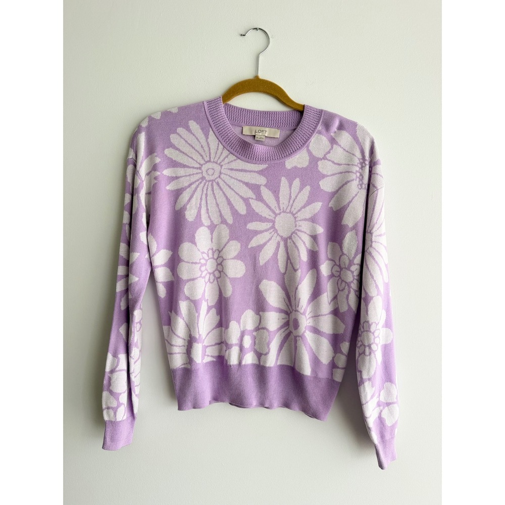 LOFT Lavender Purple White Floral Daisy Crew Neck Sweater Spring Pastel Women XS